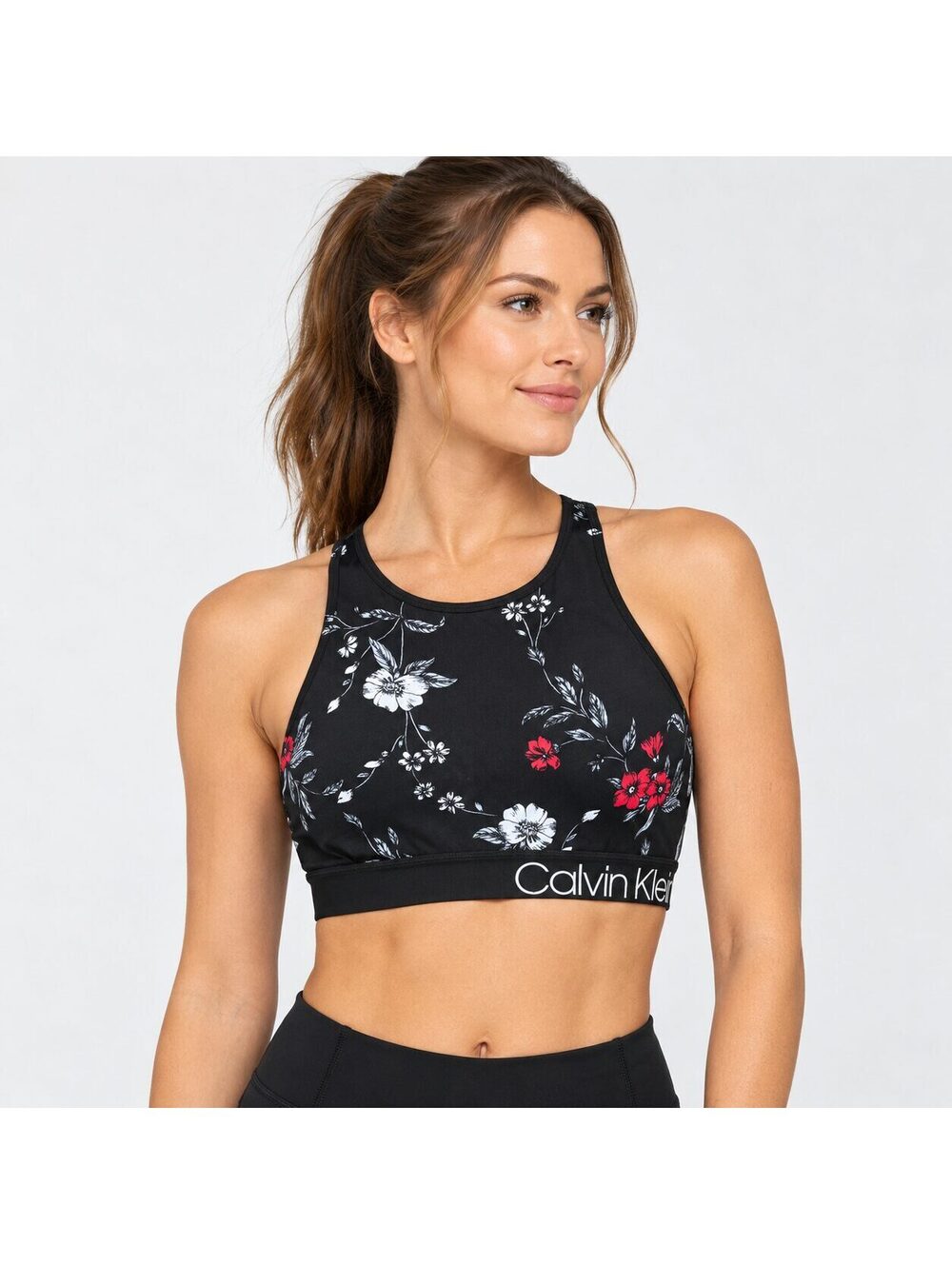 Calvin Klein Performance Floral High Neck Strappy Sports Bra Black Red S